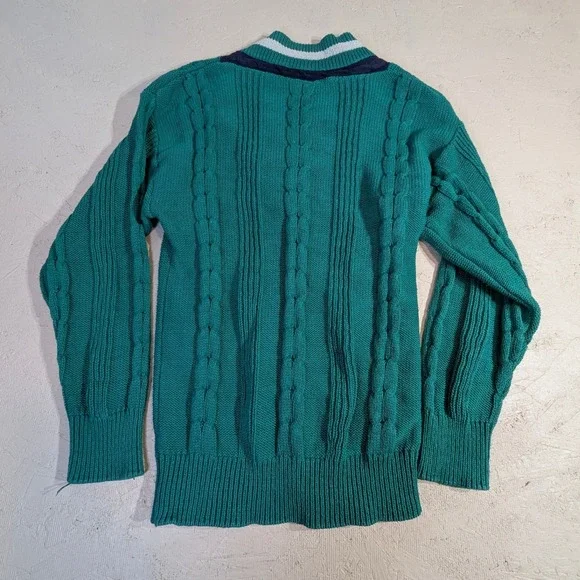 Vintage Cotton Sweater – L Teal/Green Cricket V-Neck Cable Knit READ - Picture 7 of 8